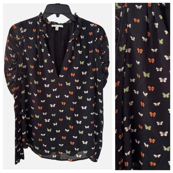 Anna Cate James Top XS Black Butterfly Print Blouse LS Top Lightweight Shirt - Picture 1 of 8
